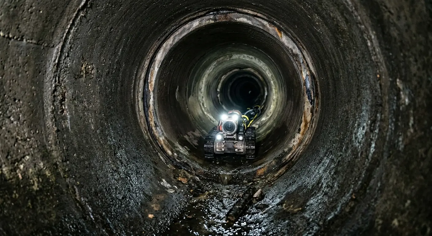 Robotic sewer camera inspecting pipe interior for Sewer Line Repair in Montague