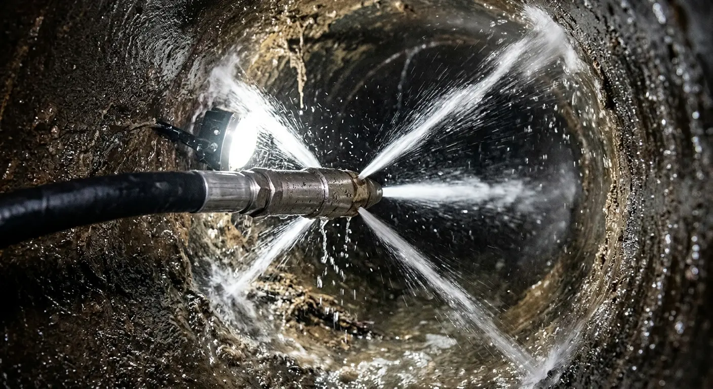 High-pressure hydro jetting nozzle cleaning sewer pipe for Storm Drain Cleaning in Montague