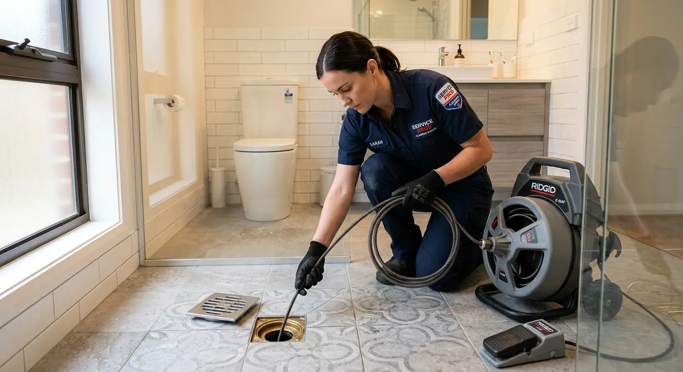 Technician clearing a bathroom floor drain for Drain Cleaning in Montague